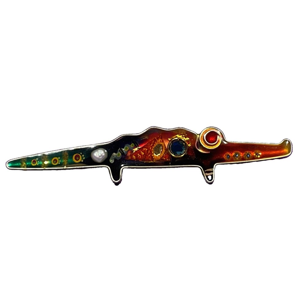 Vintage Modernist Resin Pearl Rhinestone Reptile Brooch Crocodile Alligator